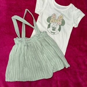 White Minnie Mouse T-Shirt and Green Striped Skirt Set